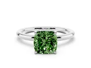 Fancy Green Cushion Cut Diamond Solitaire Ring Set in Silver with Thin Band and Prong Setting