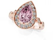 Fancy Pink Pear Cut Diamond Halo Engagement Ring Set in Rose gold with Twisted Band and Prong Setting