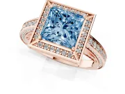 Fancy Blue Princess Cut Diamond Halo Pavé Split Shank Ring Set in Rose gold with Prong Setting