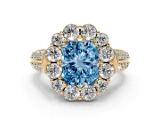 Fancy Blue Radiant Cut Diamond Halo Engagement Ring Set in Yellow gold with Split Shank and Prong Setting
