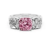Fancy Pink Cushion Cut Diamond Three-Stone Ring Set in Silver with Textured Band