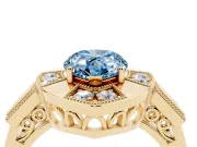 Fancy Blue Pear Cut Diamond Milgrain Halo Ring Set in Yellow gold with Split Shank