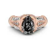 Fancy Black Pear Cut Diamond Vintage-Inspired Milgrain Ring Set in Rose gold with Accent Split Shank