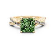 Fancy Green Princess Cut Diamond Twist Band Solitaire Set in Yellow gold with Pavé Accents and Prong Setting