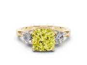 Cushion Cut Hidden Halo Three Stone Engagement Ring Setting for a Fancy Yellow Lab-Grown Diamond | Yellow Gold
