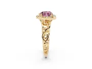 Fancy Pink Heart Cut Diamond Halo Ring Set in Yellow gold with Scrollwork Band and Prong Setting