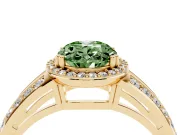 Fancy Green Oval Cut Diamond Halo Ring Set in Yellow gold with Double Pavé Split Shank