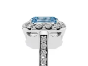 Fancy Blue Emerald Cut Diamond Floral Halo Ring Set in White gold with Pavé Band and Prong Setting