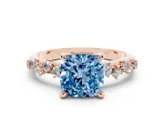 Fancy Blue Cushion Cut Diamond Solitaire Vine Band Ring Set in Rose gold with Round Accents and Prong Setting