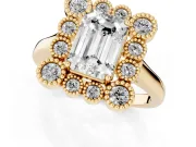Emerald Cut Vintage Milgrain Bezel Cluster Halo Engagement Ring Setting | Plain Band | Yellow Gold
