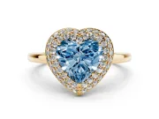 Fancy Blue Heart Cut Diamond Halo Engagement Ring Set in Yellow gold with Solitaire Band and Prong Setting