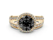 Round Halo Engagement Ring Setting for a Black Center | Two-Row Pavé Split Shank | Yellow Gold