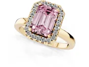 Fancy Pink Emerald Cut Diamond Halo Solitaire Ring Set in Yellow gold with Pavé Band and Prong Setting