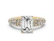Emerald Cut Multi Row Pave Solitaire Engagement Ring Setting | Domed Shoulders | Yellow Gold