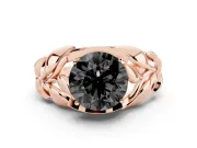 Fancy Black Round Cut Diamond Leaf-Inspired Engagement Ring Set in Rose gold with Round Accents