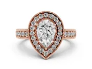 Pear Cut Diamond Halo Ring Set in Rose gold with Round Accent Halo, Pavé Band and Prong Setting