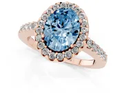 Fancy Blue Oval Cut Diamond Halo Pavé Solitaire Ring Set in Rose gold with Prong-Set Center Stone