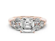Asscher Cut Diamond Cluster Ring Set in Rose gold with Round Accent Stones and Prong Setting on a Plain Band