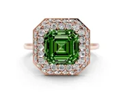 Fancy Green Asscher Cut Diamond Halo Engagement Ring Set in Rose gold with Solitaire Band and Prong Setting