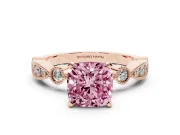 Fancy Pink Cushion Cut Diamond Solitaire Engagement Ring Set in Rose gold with Milgrain Bezel Accent Band