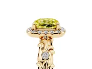 Cushion Cut Leaf Halo Engagement Ring Setting for a Fancy Yellow Lab-Grown Diamond | Bezel Accents | Yellow Gold