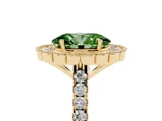 Fancy Green Oval Cut Diamond Milgrain Floral Halo Engagement Ring Set in Yellow gold with Pavé Band