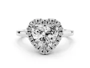 Heart Cut Halo Round Diamond Solitaire Ring Set in Silver with Pavé Band and Prong Setting