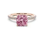 Fancy Pink Cushion Cut Diamond Pavé Band Ring Set in Rose gold with Prong-Set Center Stone