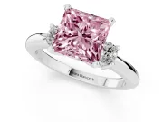 Fancy Pink Three-Stone Princess Cut Diamond Ring Set in White gold with Prong Setting and Plain Band