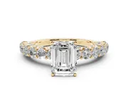 Emerald Cut Shared Prong Engagement Ring Setting | Two-Row Band | Yellow Gold