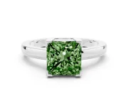 Fancy Green Princess Cut Diamond Solitaire Ring Set in White gold with Prong Head and Smooth Polished Band