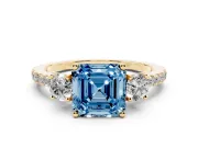 Asscher Cut Three Stone Engagement Ring Setting for a Fancy Blue Lab-Grown Diamond | Pave Shoulders | Yellow Gold