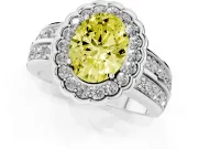 Fancy Yellow Oval Cut Diamond Scalloped Halo Ring Set in White gold with Pavé Split Shank