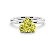 Fancy Yellow Heart Cut Diamond Solitaire Ring Set in White gold with Thin Band and Prong Setting