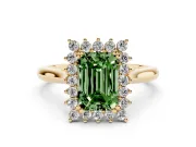 Fancy Green Emerald Cut Diamond Halo Ring Set in Yellow gold with Plain Solitaire Band and Prong Setting