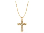 Round Lab-Grown Diamond Bezel Milgrain Cross Pendant Necklace | Scrolled Outline | Yellow Gold