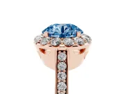 Fancy Blue Round Cut Diamond Floral Halo Ring Set in Rose gold with Pavé Band and Prong Setting