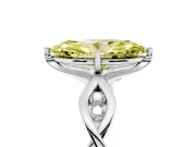 Fancy Yellow Marquise Cut Diamond Twist Band Solitaire Ring Set in White gold with Leaf Prong Setting and Accent Stones