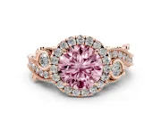Fancy Pink Round Cut Diamond Halo Ring Set in Rose gold with Milgrain Pavé Band and Prong Setting