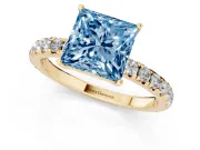 Princess Cut Pave Engagement Ring Setting for a Fancy Blue Lab-Grown Diamond | Shared Prong Band | Yellow Gold