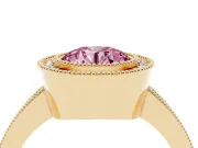 Fancy Pink Round Cut Diamond Halo Engagement Ring Set in Yellow gold with Pavé Band and Round Halo Stones