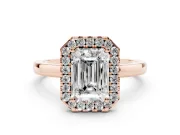 Emerald Cut Diamond Halo Solitaire Ring Set in Rose gold with Pavé Band and Prong Setting