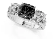 Fancy Black Cushion Cut Diamond Three-Stone Ring Set in Silver with Textured Band
