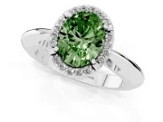 Fancy Green Oval Cut Diamond Halo Engagement Ring Set in White gold with Plain Split Shank and Prong Setting