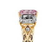 Emerald Cut Three Stone Engagement Ring Setting for a Fancy Pink Lab-Grown Diamond | Braided Band | Yellow Gold