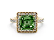 Fancy Green Asscher Cut Diamond Milgrain Floral Halo Engagement Ring Set in Yellow gold with Pavé Band