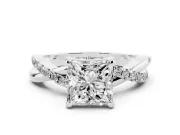 Princess Cut Diamond Twist Band Solitaire Set in White gold with Pavé Accents and Prong Setting