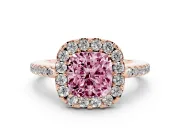 Cushion Cut Pave Halo Engagement Ring Setting for a Fancy Pink Lab-Grown Diamond | Pave Band | Rose Gold