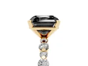 Fancy Black Asscher Cut Diamond Prong Set Engagement Ring Set in Yellow gold with Round Accent Pavé Band