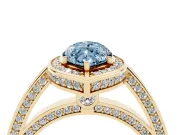 Fancy Blue Marquise Cut Diamond Halo Pavé Split Shank Ring Set in Yellow gold with Prong Setting